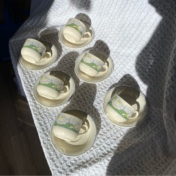 Vintage stoneware tea set tea cups & saucers white geese with bows speckled - Picture 3 of 16